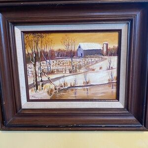 Vintage Framed Barn Landscape Painting Signed Original Farmhouse Wall Art Winter